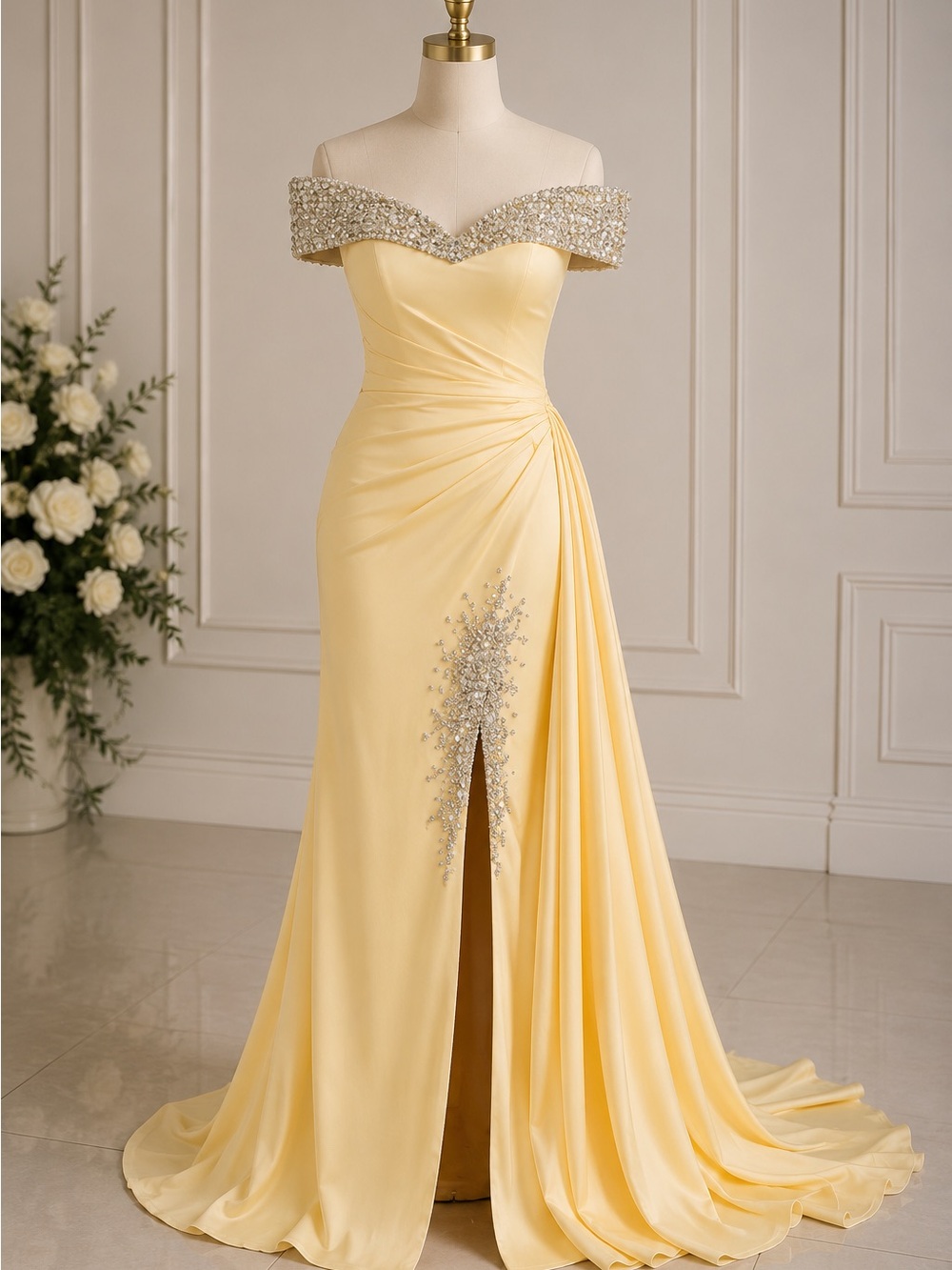 Butter yellow VALDRIN SAHITI crystal satin gown!